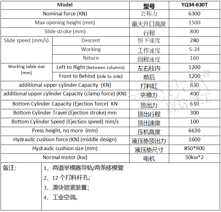 630噸框架液壓機(jī)參數